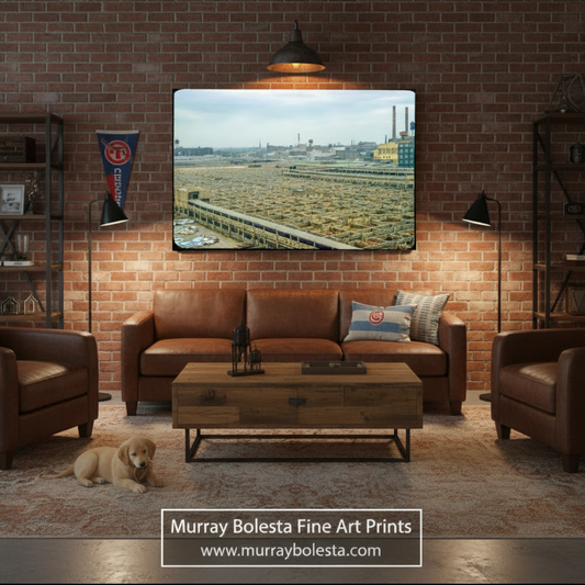 A framed art print depicting an industrial landscape is displayed on a brick wall above a brown leather sofa in a styled living room mockup. A watermark at the bottom reads 'Murray Bolesta Fine Art Prints'.