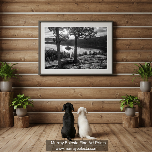 A black and white image depicting a serene landscape with a lake, trees, and mountains in the background. Black & White Lake Tahoe Wall Art | Emerald Bay Sierra Landscape by Murray Bolesta!