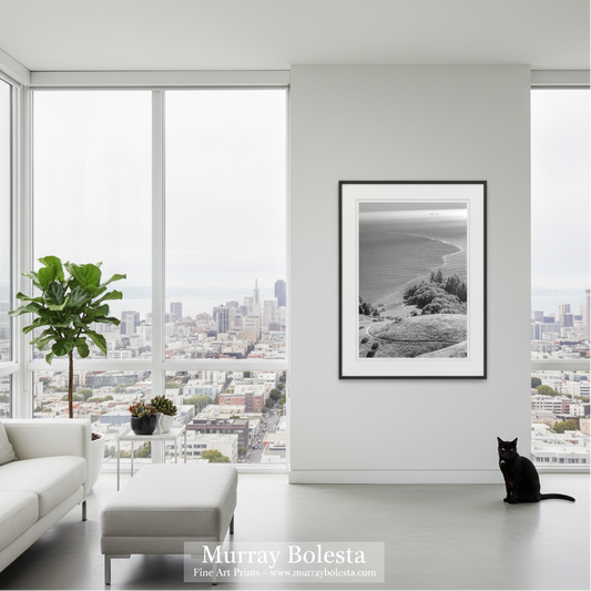 Mount Tamalpais California! A framed black and white landscape photograph of a coastal cliff and bay, displayed on a white wall in a modern, sunlit living room with a sofa, ottoman, potted plant, and a black cat sitting nearby. The text 'Murray Bolesta Fine Art Prints"