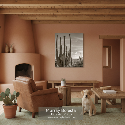 A framed black and white cactus art print hangs on a terracotta-colored wall in a rustic, modern living room with a leather armchair, wooden coffee table, and a yellow Labrador retriever sitting on the floor. A watermark at the bottom reads 'Murray Bolesta Fine Art Prints'.