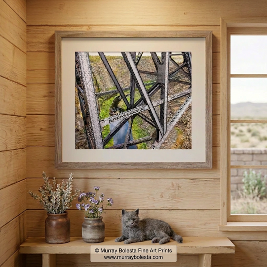 Crooked River Oregon train trestle, art print by Murray Bolesta