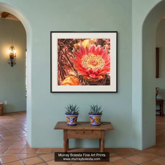 A vibrant red cactus flower with a yellow center is the focal point of the image, surrounded by other cactus flowers and plants. Cactus Flower Photography Wall Art with Desert Barrel Cactus by Murray Bolesta