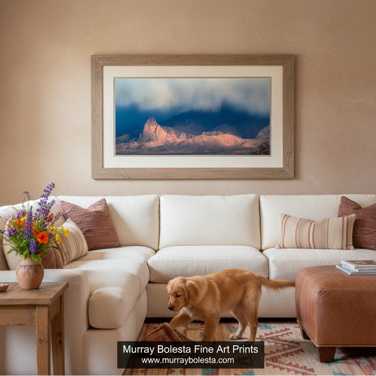 a majestic mountain range with rugged peaks and a dramatic sky filled with clouds. Elephant Head Peak with Moody Clouds - Santa Rita Mountains Tucson Art Print by Murray Bolesta