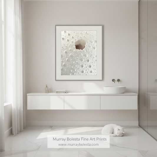 Sea urchin art by Murray Bolesta! A framed abstract art print featuring a white marble-like texture with a central brown hole, displayed on a light gray wall above a white floating vanity in a modern bathroom. A white cat is sleeping on the floor, and a watermark at the bottom reads 'Murray Bolesta Fine Art Prints'.