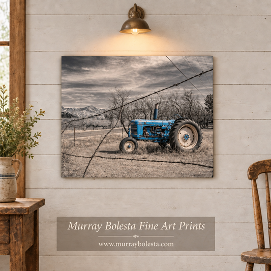 Vintage blue tractor artwork by Murray Bolesta.