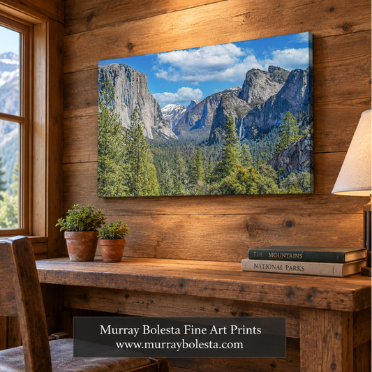 Yosemite artwork on a frameless canvas in a modest mountain cabin