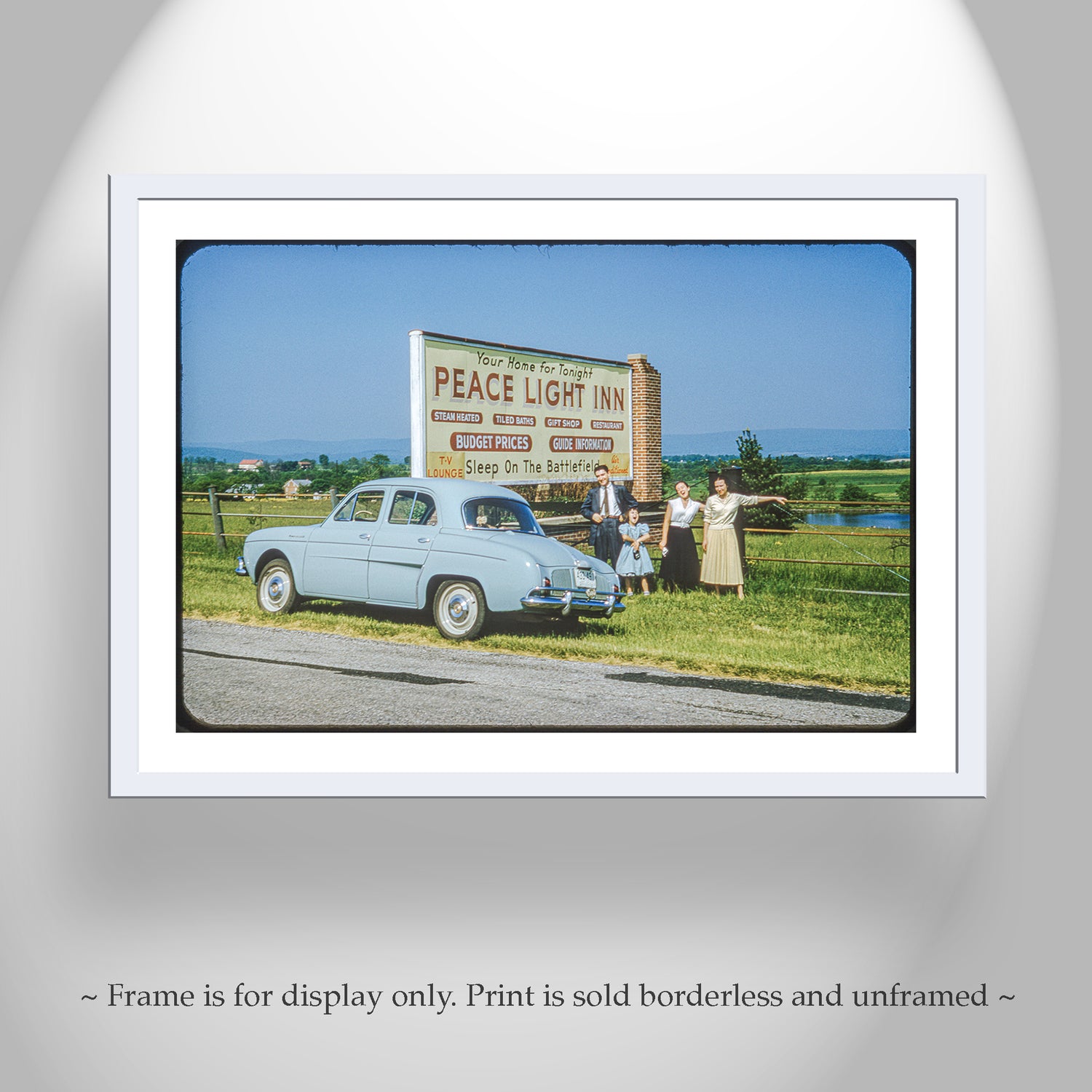 Framed print of a vintage scene with a car and people near a sign for 'Peace Light Inn'. Vintage Photo of Renault Car on Road Trip to Gettysburg Battlefield Pennsylvania