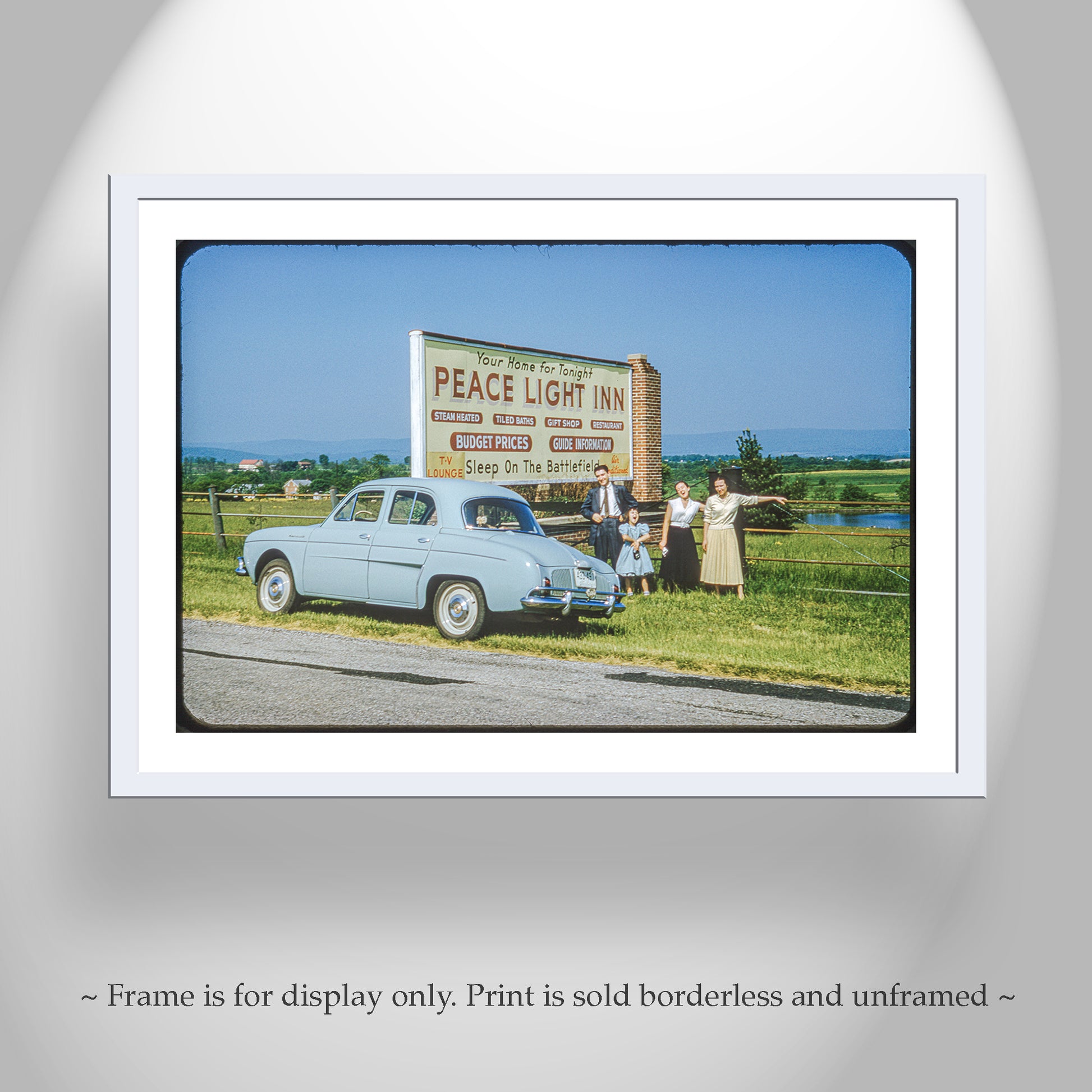 Framed print of a vintage scene with a car and people near a sign for 'Peace Light Inn'. Vintage Photo of Renault Car on Road Trip to Gettysburg Battlefield Pennsylvania