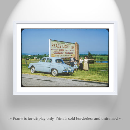 Framed print of a vintage scene with a car and people near a sign for 'Peace Light Inn'. Vintage Photo of Renault Car on Road Trip to Gettysburg Battlefield Pennsylvania