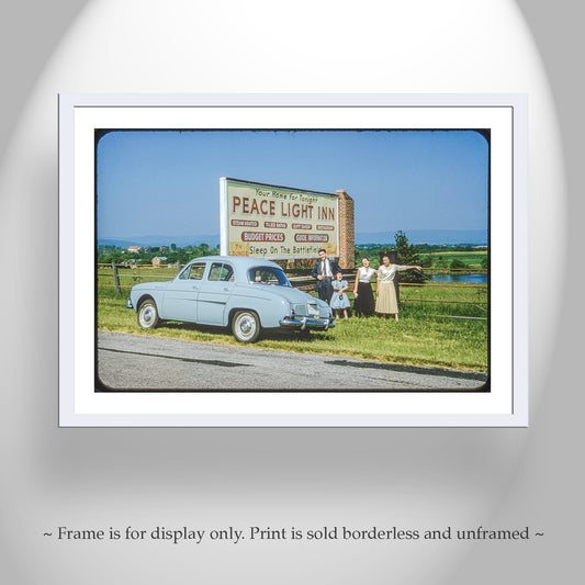Framed print of a vintage scene with a car and people near a sign for 'Peace Light Inn'. Vintage Photo of Renault Car on Road Trip to Gettysburg Battlefield Pennsylvania