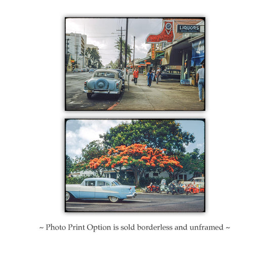 Old Honolulu Street Photo Set – Vintage Waikiki & Poinciana Tree