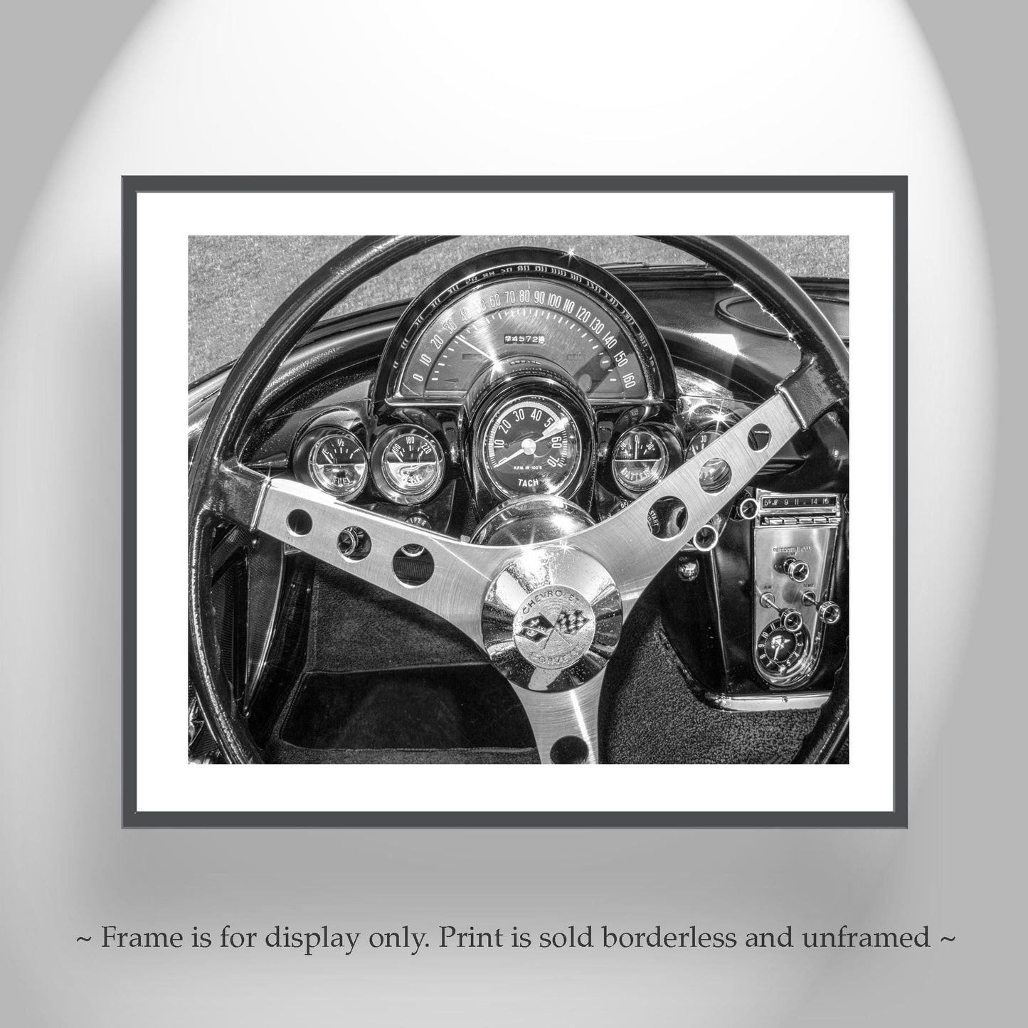 Old Corvette Car Art in Black and White with Steering Wheel and Dashboard