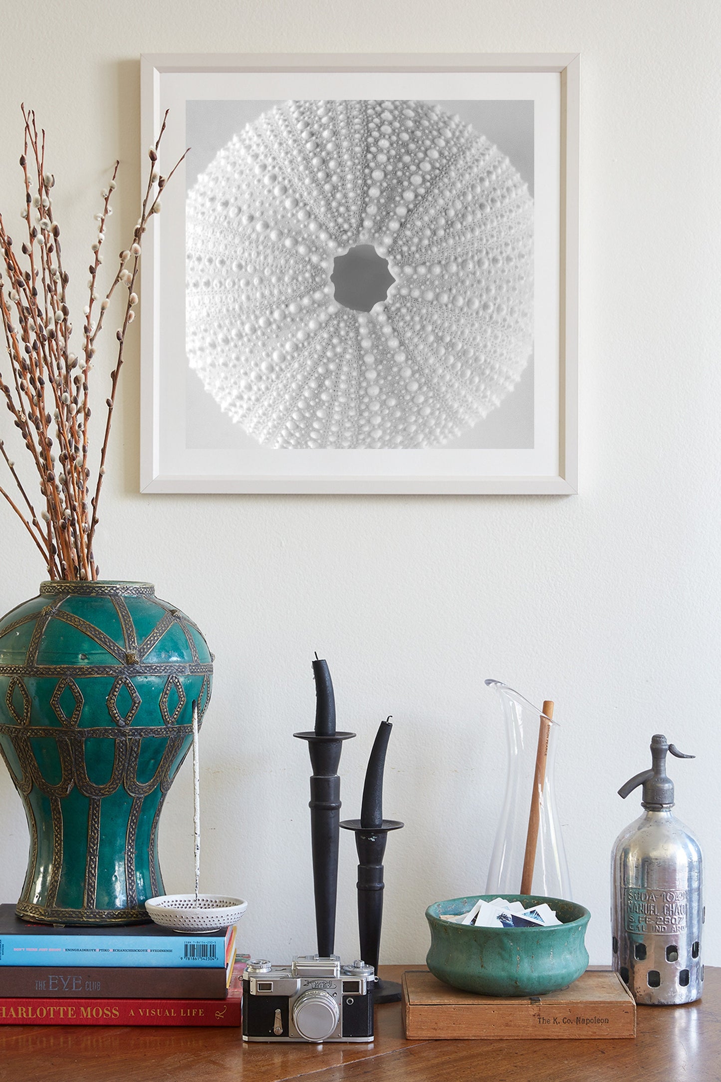 Minimalist Sea Urchin Wall Art in Black and White for Bathroom