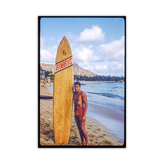 Retro Hawaii Surfing Print with Waikiki & Wooden Surfboard