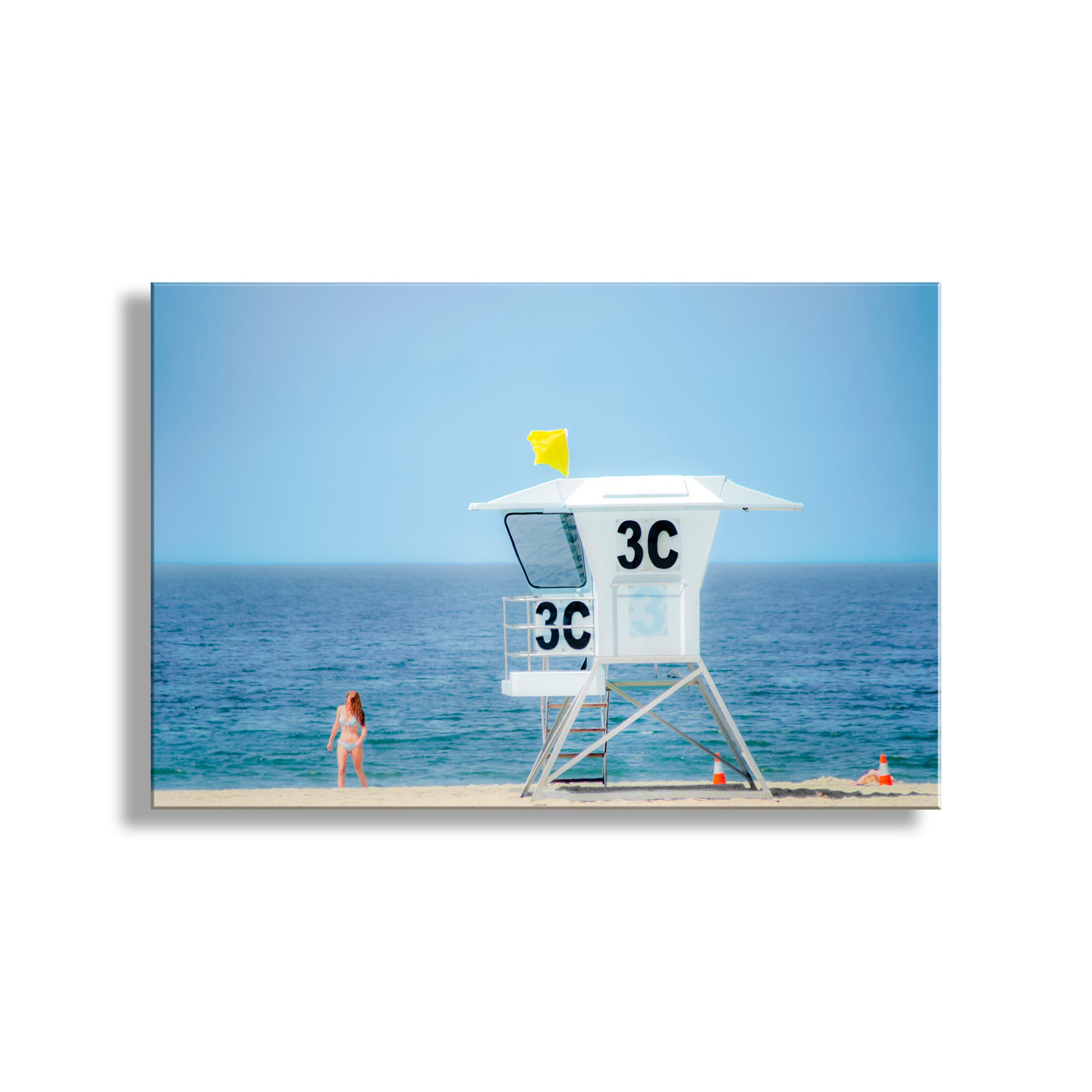 Lifeguard tower on a beach with clear blue sky and ocean. Southern California Beach Lifeguard Tower at San Diego Art Print