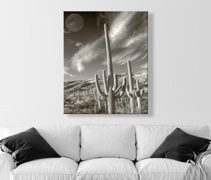 Surreal Desert Cactus Moon Art | Southwestern Wall Decor in Sepia