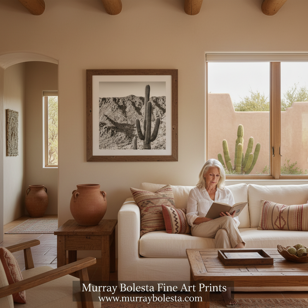 A woman sits on a cream sofa in a warm, modern adobe-style living room, reading a book. On the wall above her is a framed black-and-white art print of a saguaro cactus in a rocky desert landscape. by Murray bolesta