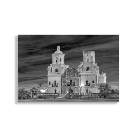 San Xavier Mission at Night – Black and White Tucson Architecture Art