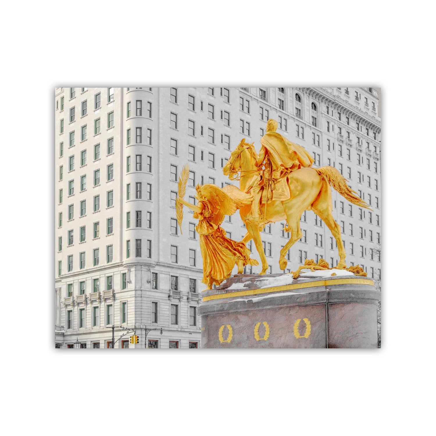 A large golden statue of a man on a horse stands in front of a tall building, with a woman in a flowing dress holding a parasol in the foreground. The Plaza Hotel NYC Art Print - Fifth Avenue Manhattan Photograph