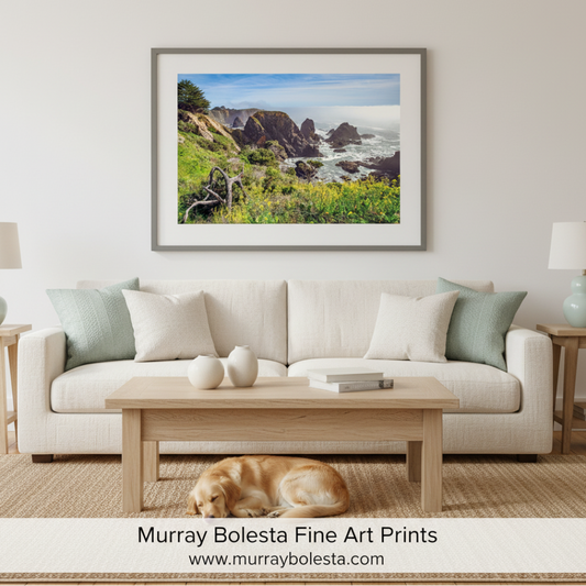 A framed landscape art print of coastal cliffs and rocky sea stacks hangs on a light beige wall above a white sofa in a styled living room. The print is the product being sold, and the room serves as a lifestyle mockup. Mendocino Coast by Murray Bolesta Fine Art