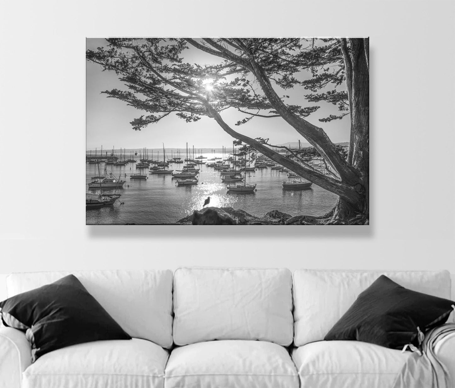 Monterey Bay Sailboat Yacht Harbor Art Print in Black and White