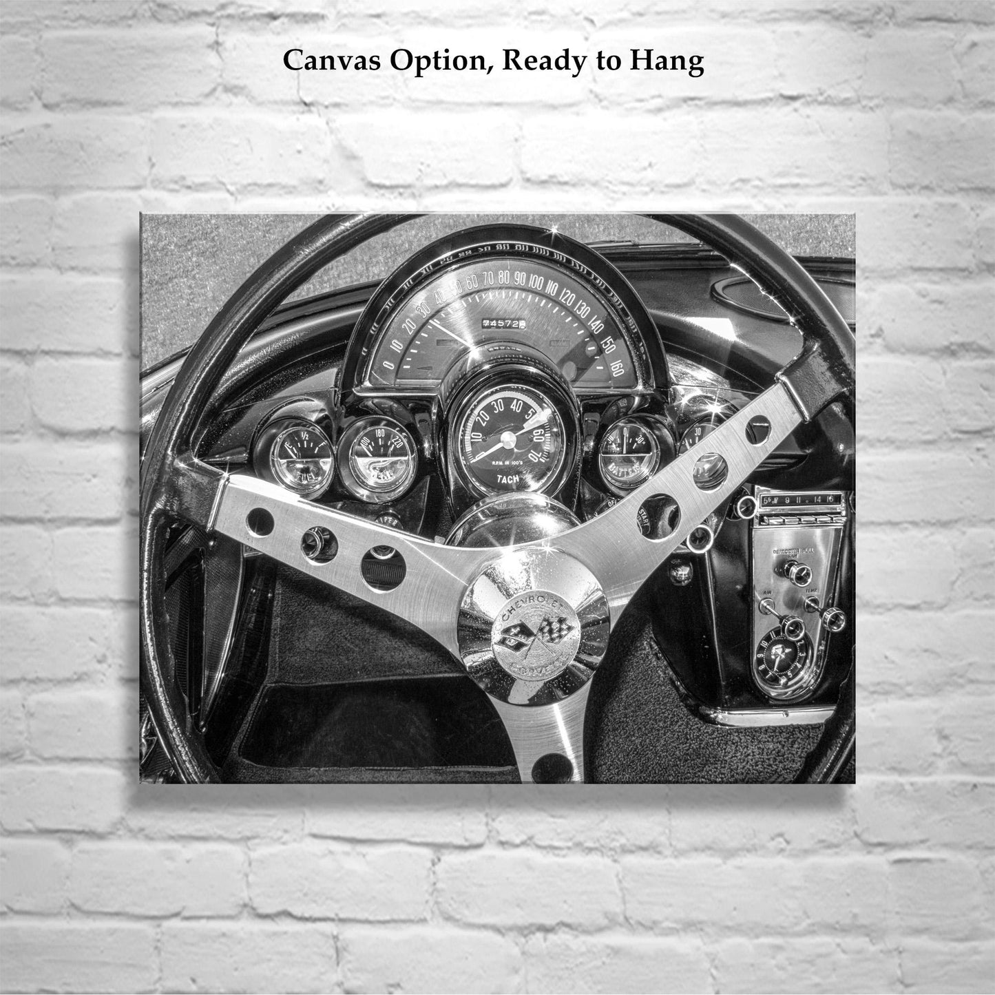 Old Corvette Car Art in Black and White with Steering Wheel and Dashboard