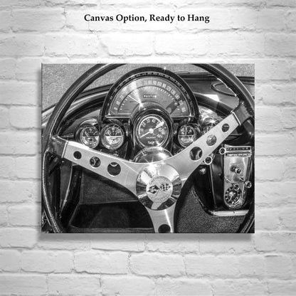 Old Corvette Car Art in Black and White with Steering Wheel and Dashboard