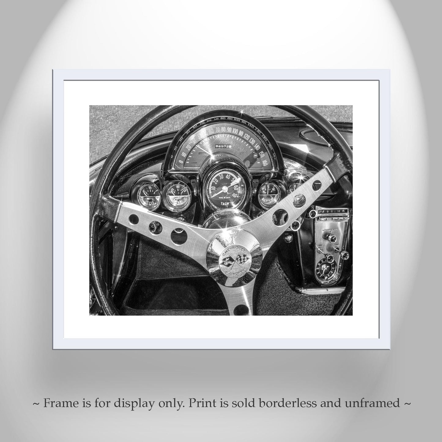 Old Corvette Car Art in Black and White with Steering Wheel and Dashboard