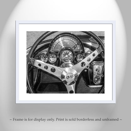 Old Corvette Car Art in Black and White with Steering Wheel and Dashboard