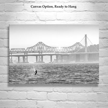 Windsurf Art Print at Oakland Bay Bridge in Black and White