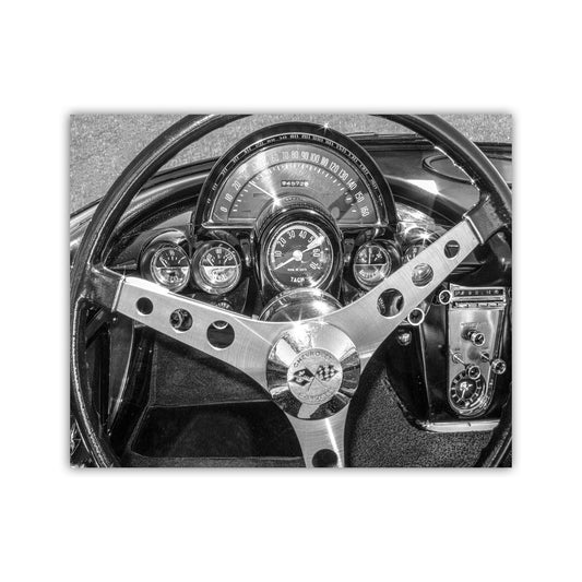 Old Corvette Car Art in Black and White with Steering Wheel and Dashboard
