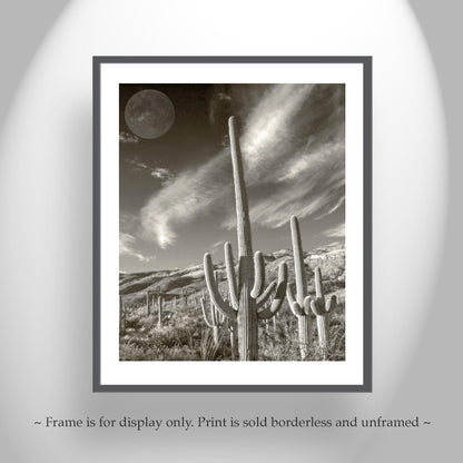 Surreal Desert Cactus Moon Art | Southwestern Wall Decor in Sepia