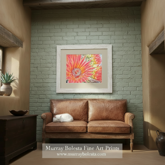 A close-up view of a vibrant, colorful cactus flower with a bright orange center surrounded by numerous petals in shades of pink and red. Orange Cactus Flower Wall Art – Desert Botanical Art Print by Murray Bolesta