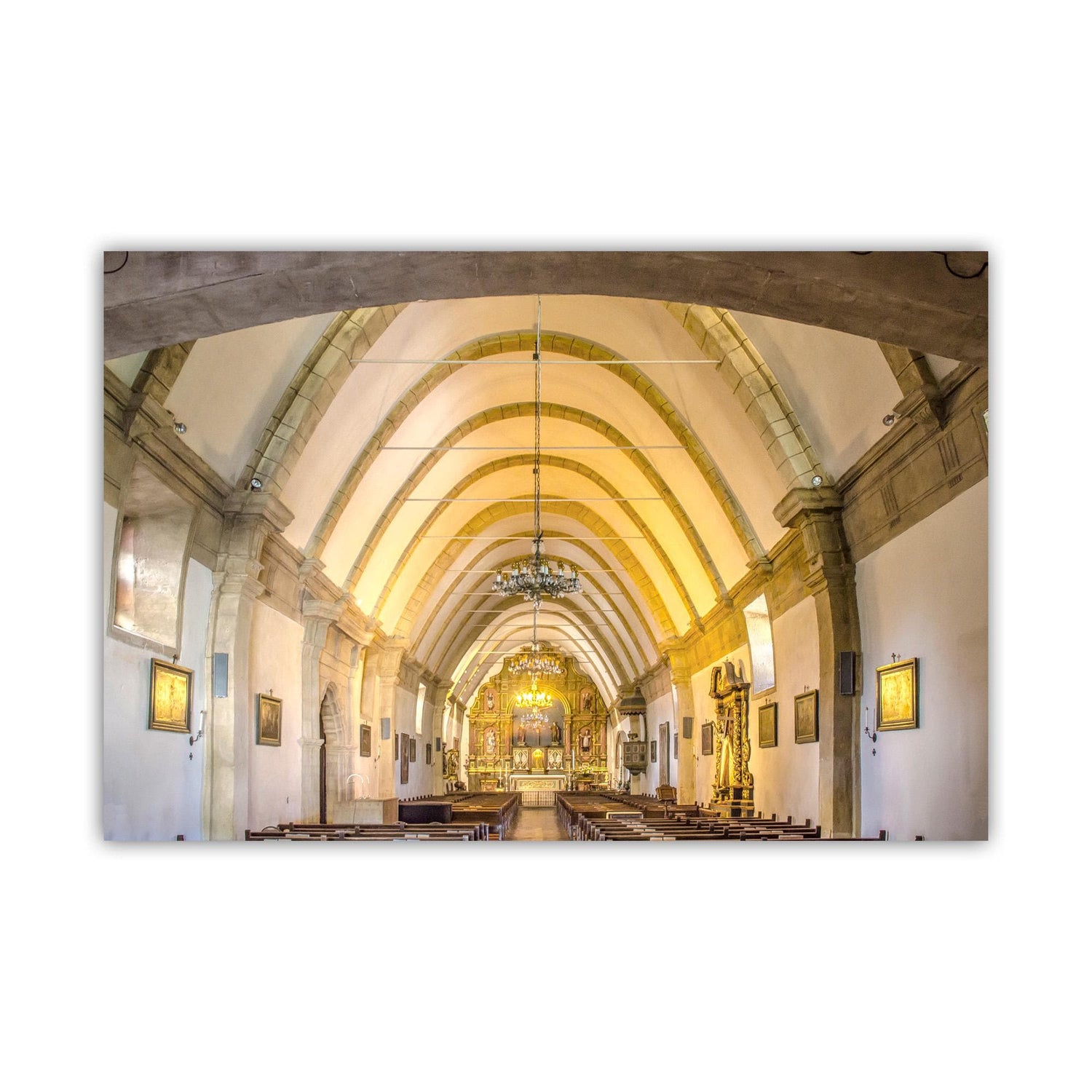 a large, ornate church with a high vaulted ceiling, arched windows, and a central altar. Carmel Mission Church Interior Art Print - Carmel-by-the-Sea CA
