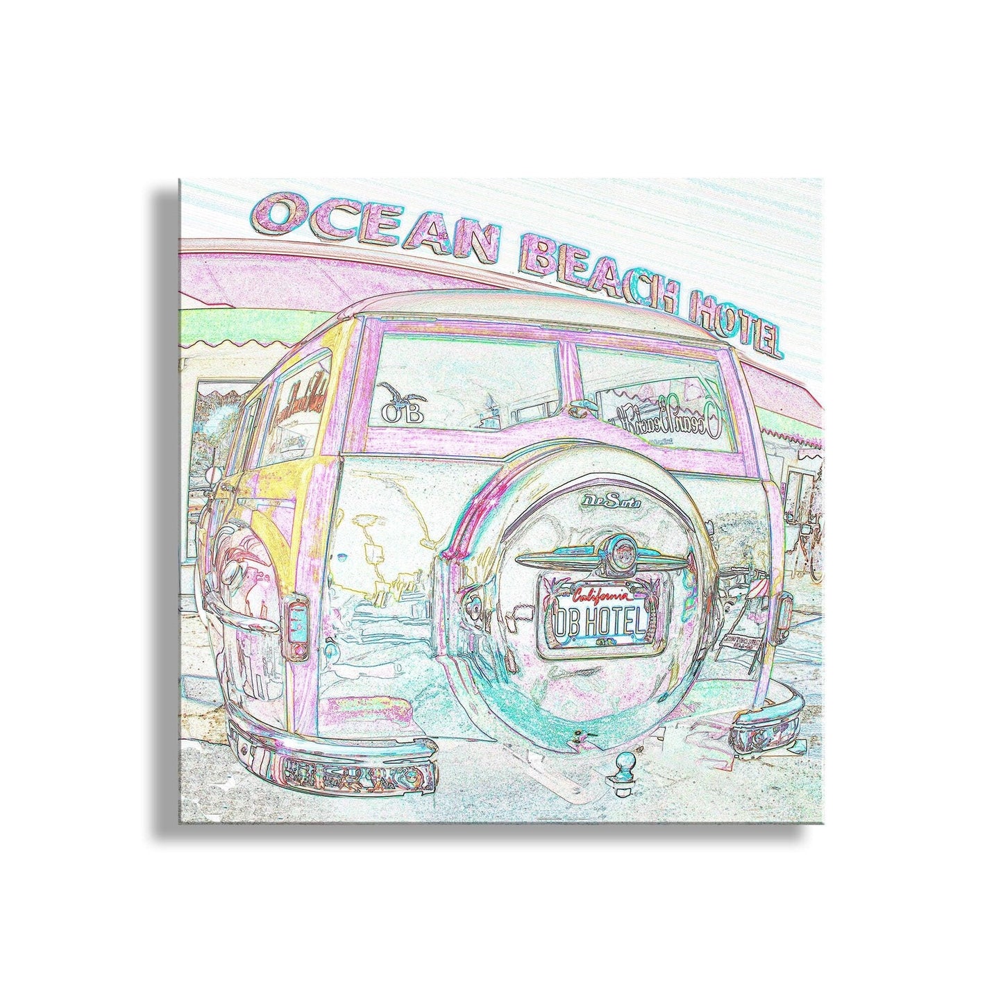 San Diego Ocean Beach Woody Surf Wagon Car Art Print in Pastel