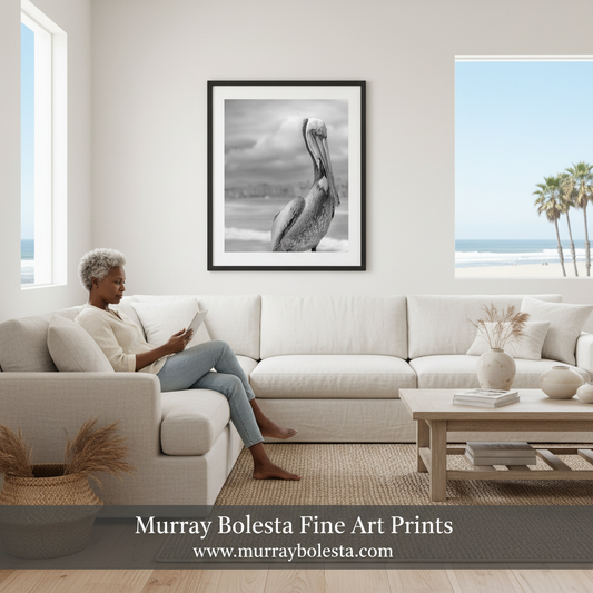 Pelican Print – Black & White Oceanside Pier Wall Art