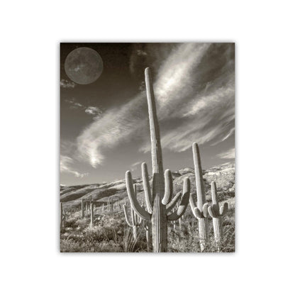 Surreal Desert Cactus Moon Art | Southwestern Wall Decor in Sepia