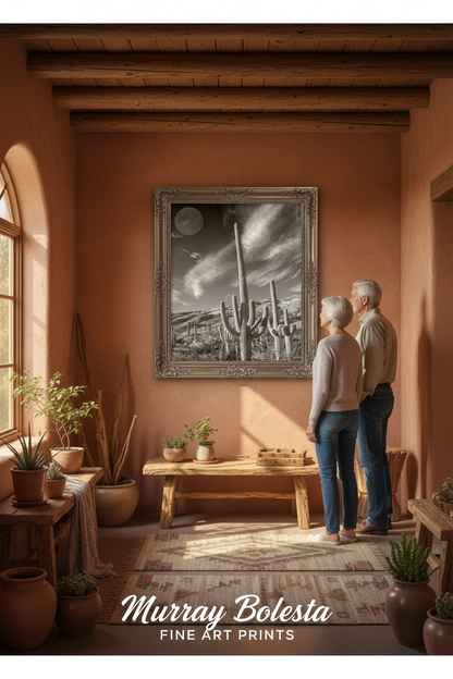 Surreal Desert Cactus Moon Art – Southwestern Wall Decor in Sepia Tone