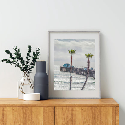 Oceanside Pier San Diego California Beach Photography Art Print with Palm Trees as Home Decor