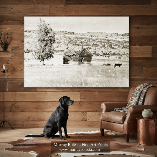 Western Cattle Ranch Art – Sepia Prairie Landscape with Cabin