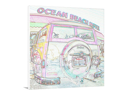San Diego Ocean Beach Woody Surf Wagon Car Art Print in Pastel