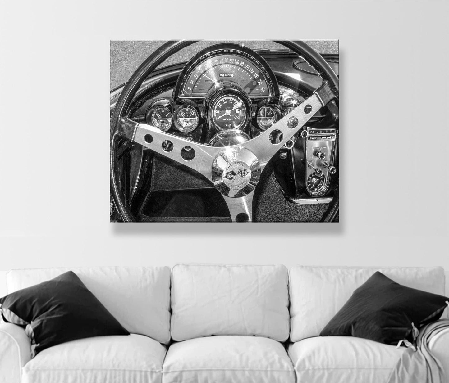 Old Corvette Car Art in Black and White with Steering Wheel and Dashboard
