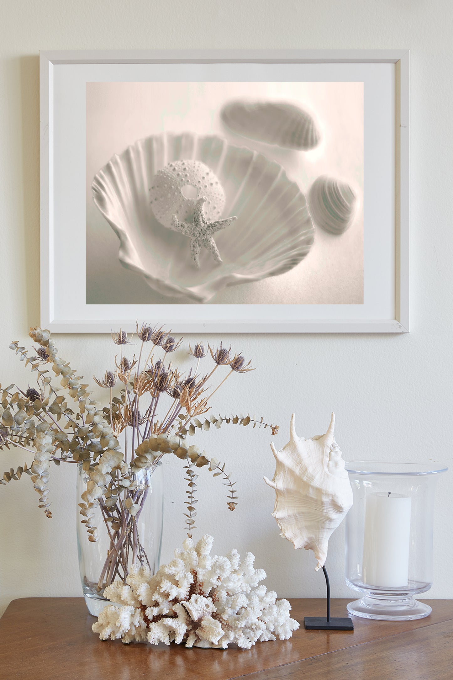 Sea Urchin Seashell Photo as Bathroom Wall Art in Ivory Color