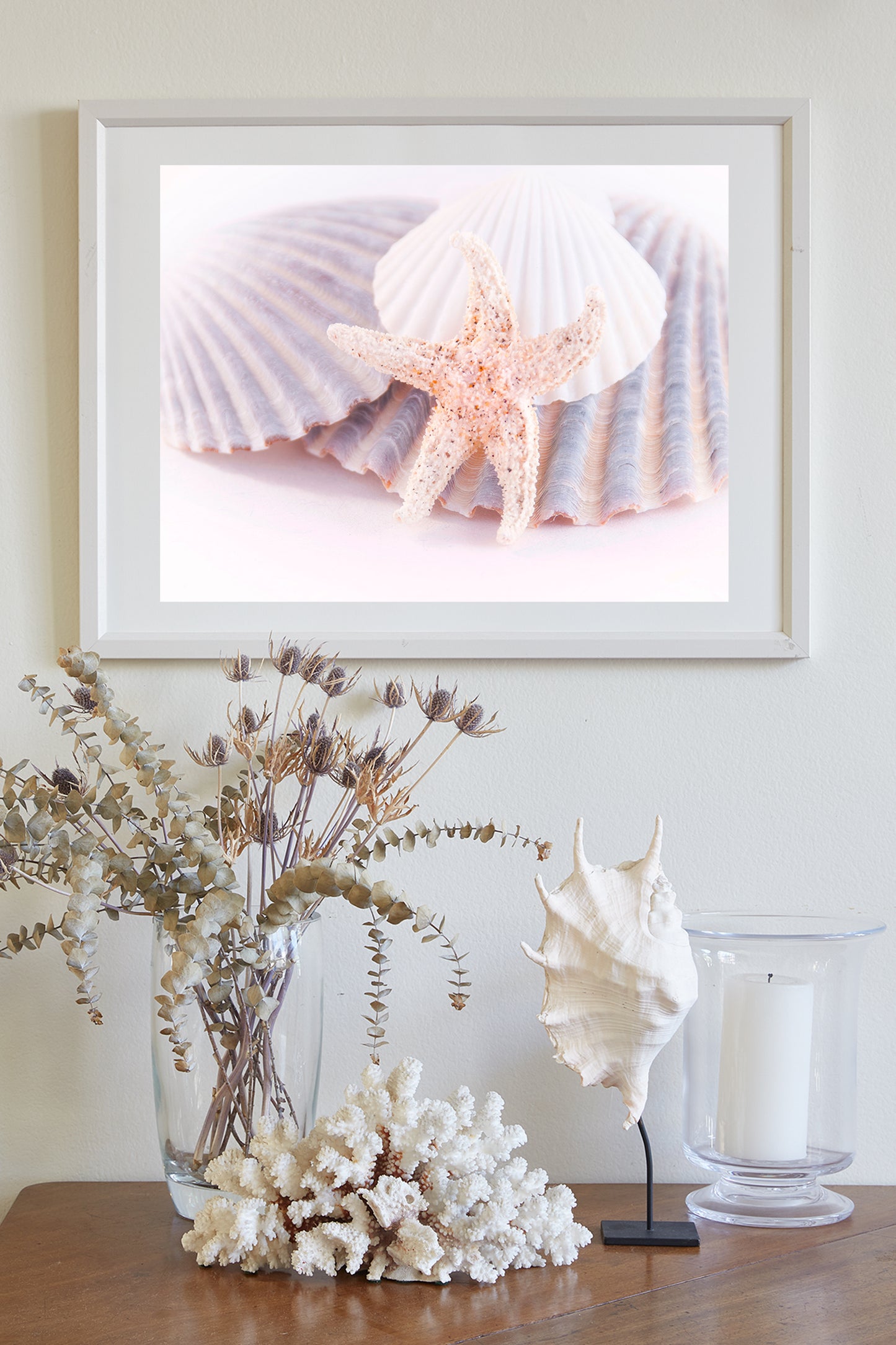 Still Life Wall Art with Sea Shells in Pastel Blue White & Yellow