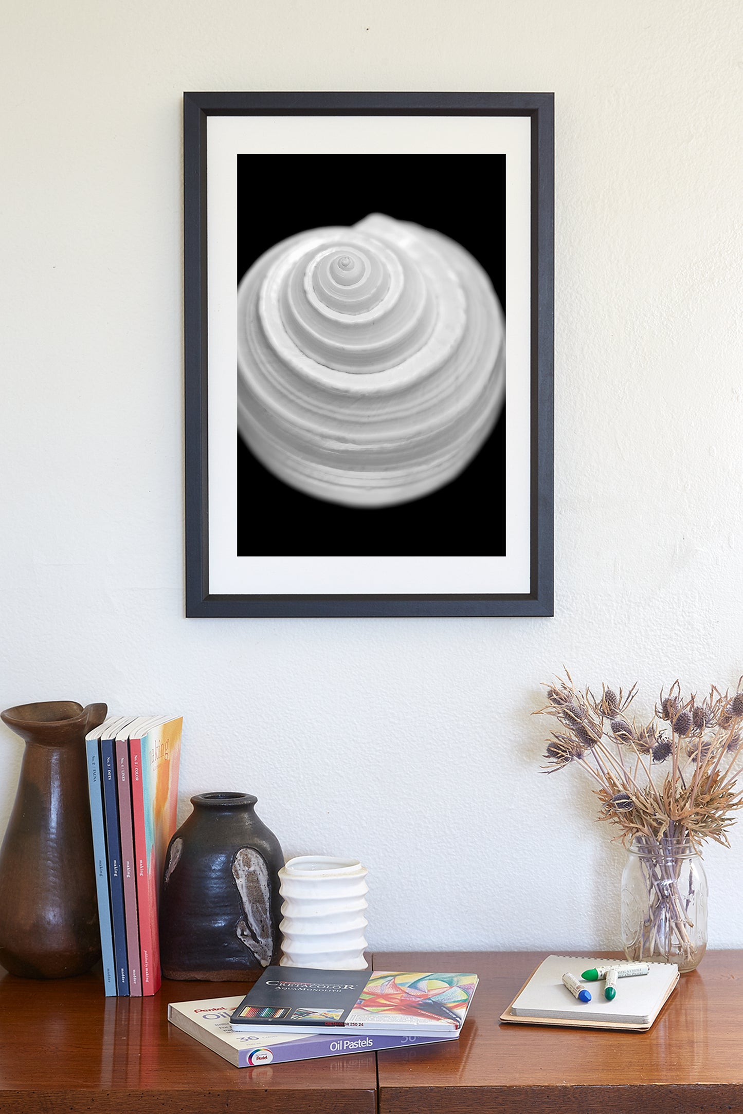 Bathroom Wall Art with Seashell in Bold Black and White
