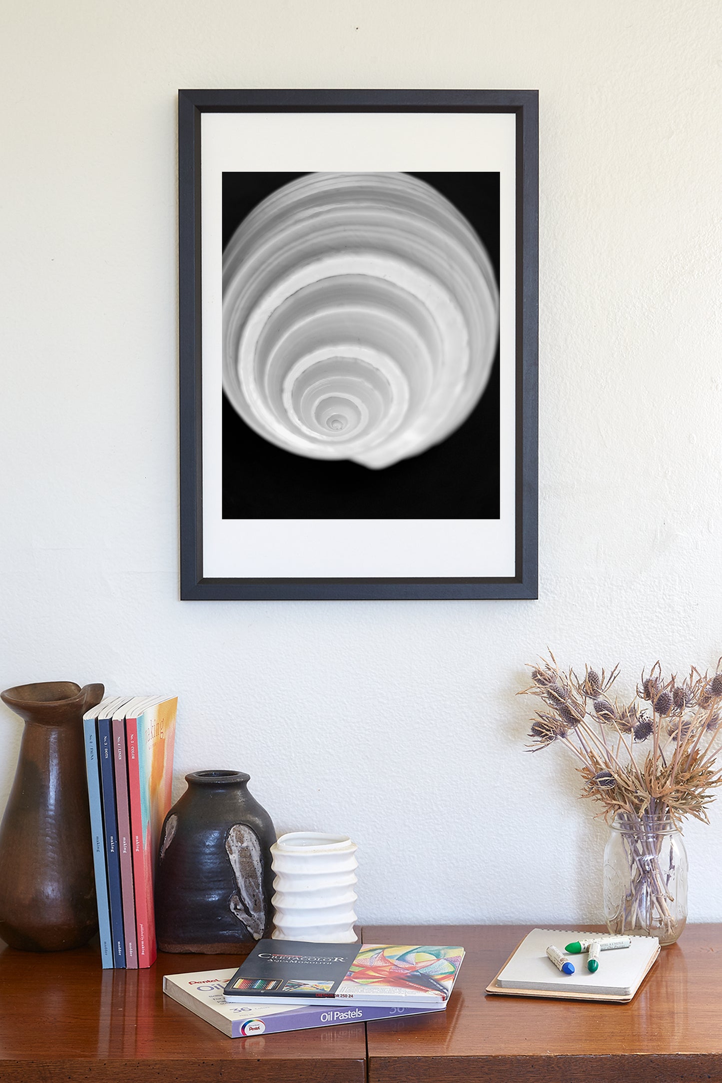 Bathroom Wall Art with Seashell in Black & White on Framed Canvas