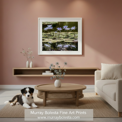Purple water lilies on a pond with reflections. Water Lily Nature Art Print at Balboa Park San Diego California by Murray Bolesta