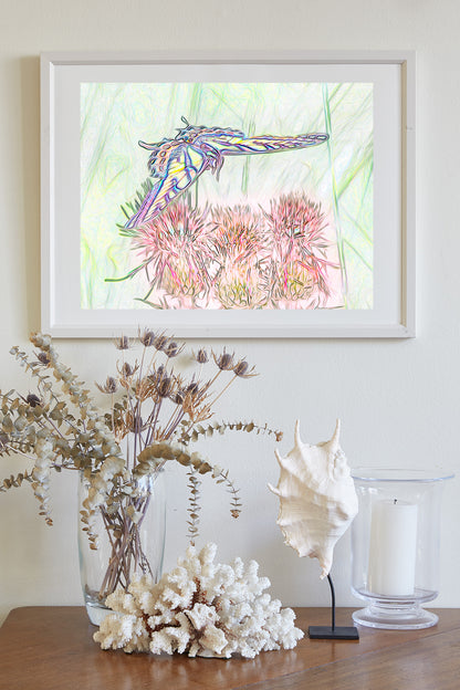 Butterfly and Flowering Thistle Wildflower Whimsical Art Print