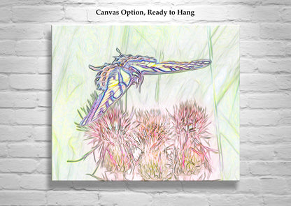Butterfly and Flowering Thistle Wildflower Whimsical Art Print