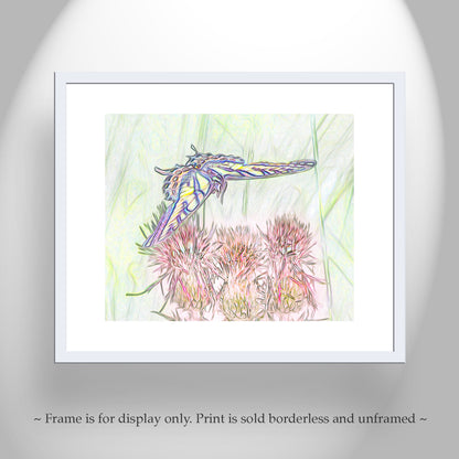 Butterfly and Flowering Thistle Wildflower Whimsical Art Print